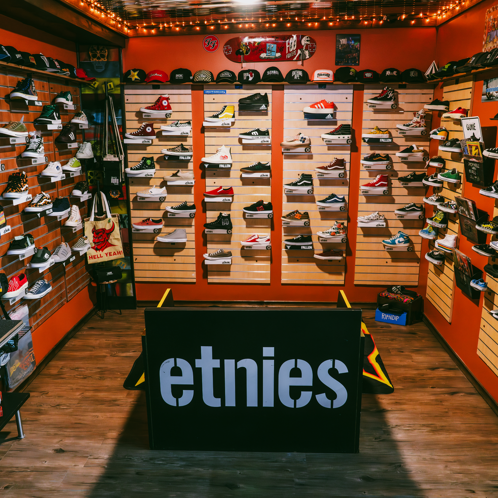 Etnies skate shoes displayed inside Broke Sk8